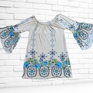 Women’s Small Boho Vintage Floral Off Shoulder Bell Sleeve Mini Dress/Tunic Top